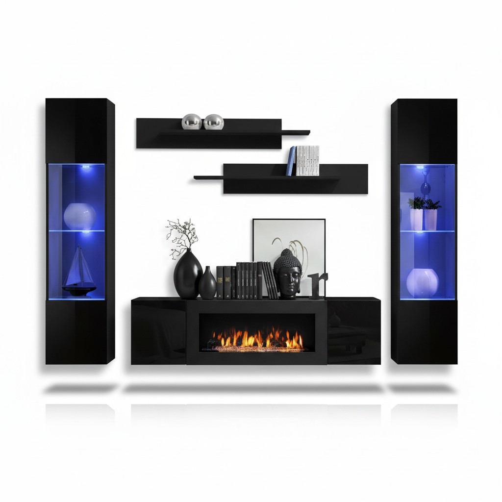 Ontwerper Zwarte woonwand Houten meubels Hangende vitrine Luxe dressoir Wandplanken