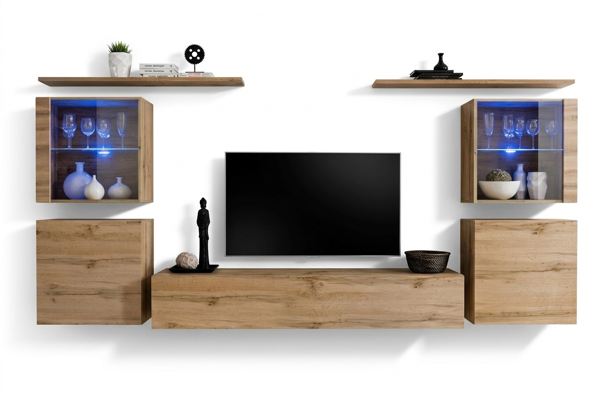 Wandmeubel Luxe Set 7-delig. Woonkamer Wandkast Wandplanken Houten Meubelset.