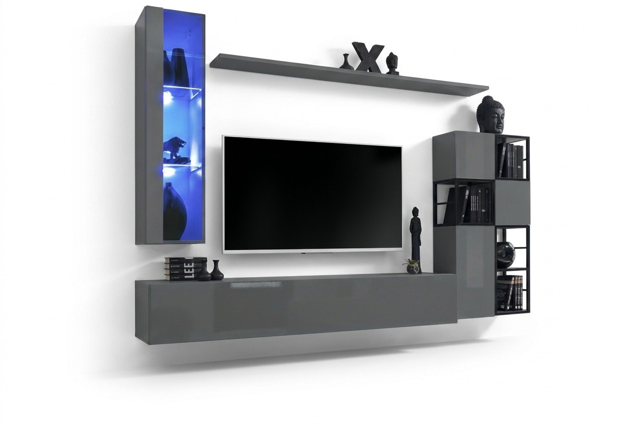 Ontwerper Grijze Woonwand Hangende Vitrine TV-standaard Compleet Hoogglans Dressoir