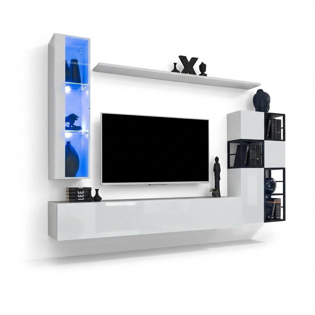 Hangende vitrine - Wit - Woonkamerdesign - TV-standaard - Compleet 9-delige houten meubelrekken