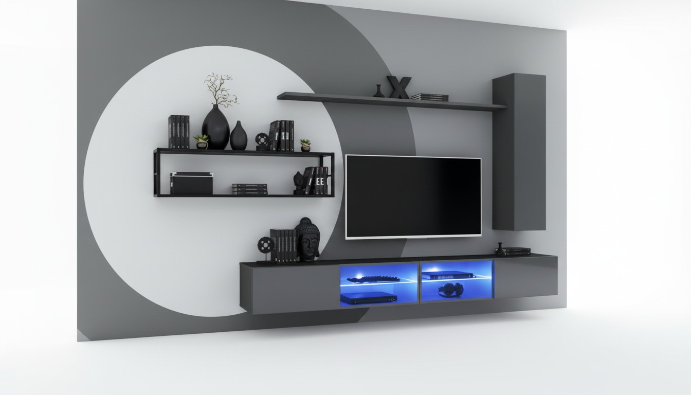 Grijze complete woonwand woonkamermeubels luxe muurkast wandplanken nieuw