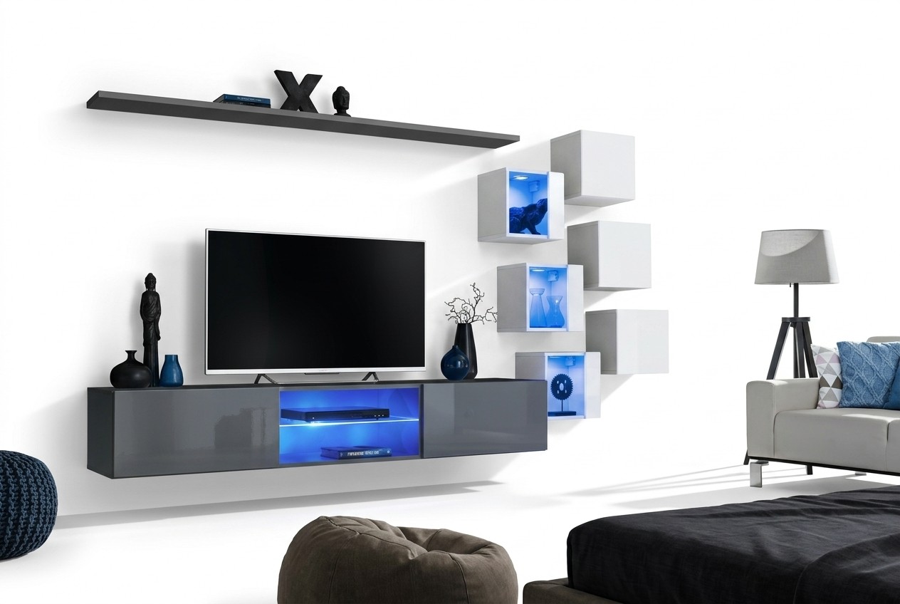 Luxe design woonkamer meubels grijs muurrek wandkast inrichting set