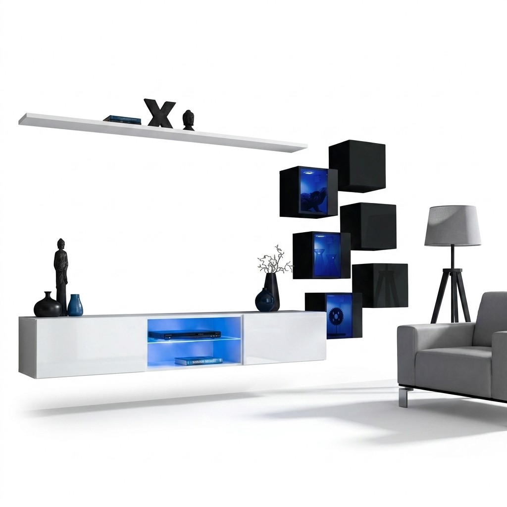 Garnituur Set Woonkamer 6x Wandkast Wandplanken Dressoir Houten meubels Nieuw