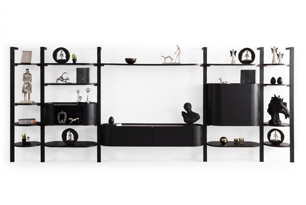 Exclusieve zwarte woonkamer set, designer woonkamer meubelen, luxe houten wand.