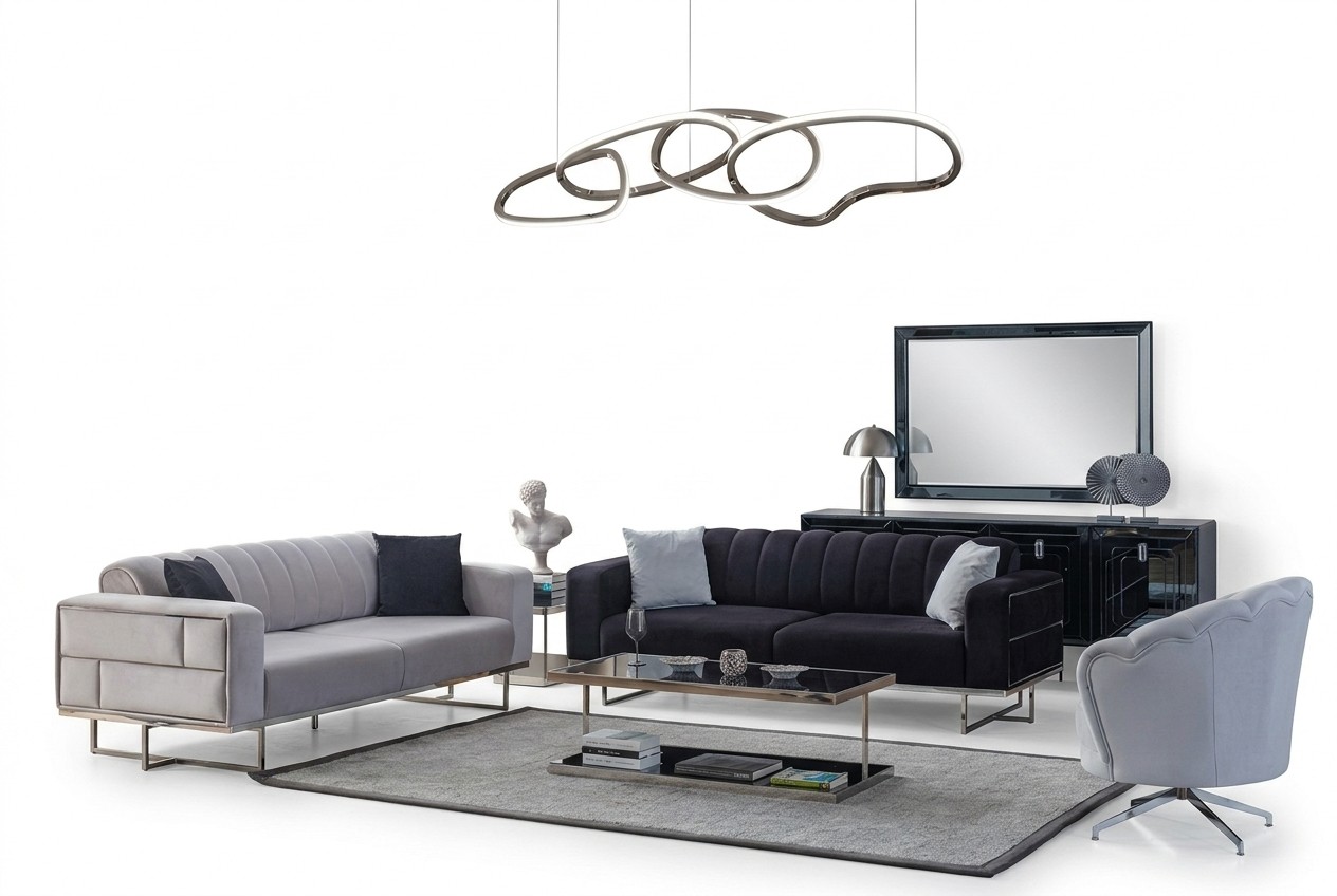 Grijze woonkamerbanken Designer gestoffeerde driezits stoffen fauteuil 3-dlg.