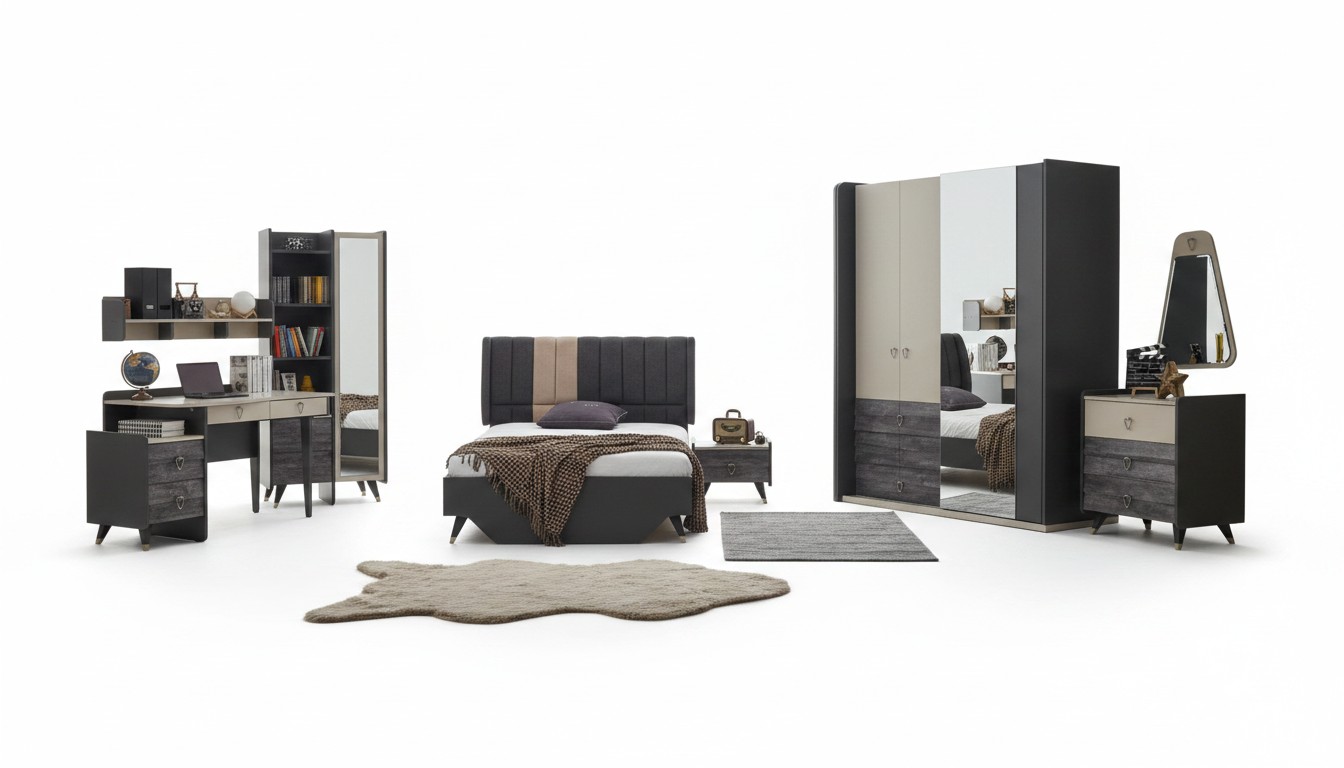 Luxe grijze slaapkamer set kinderkamer jeugdkamer 7 delig bed