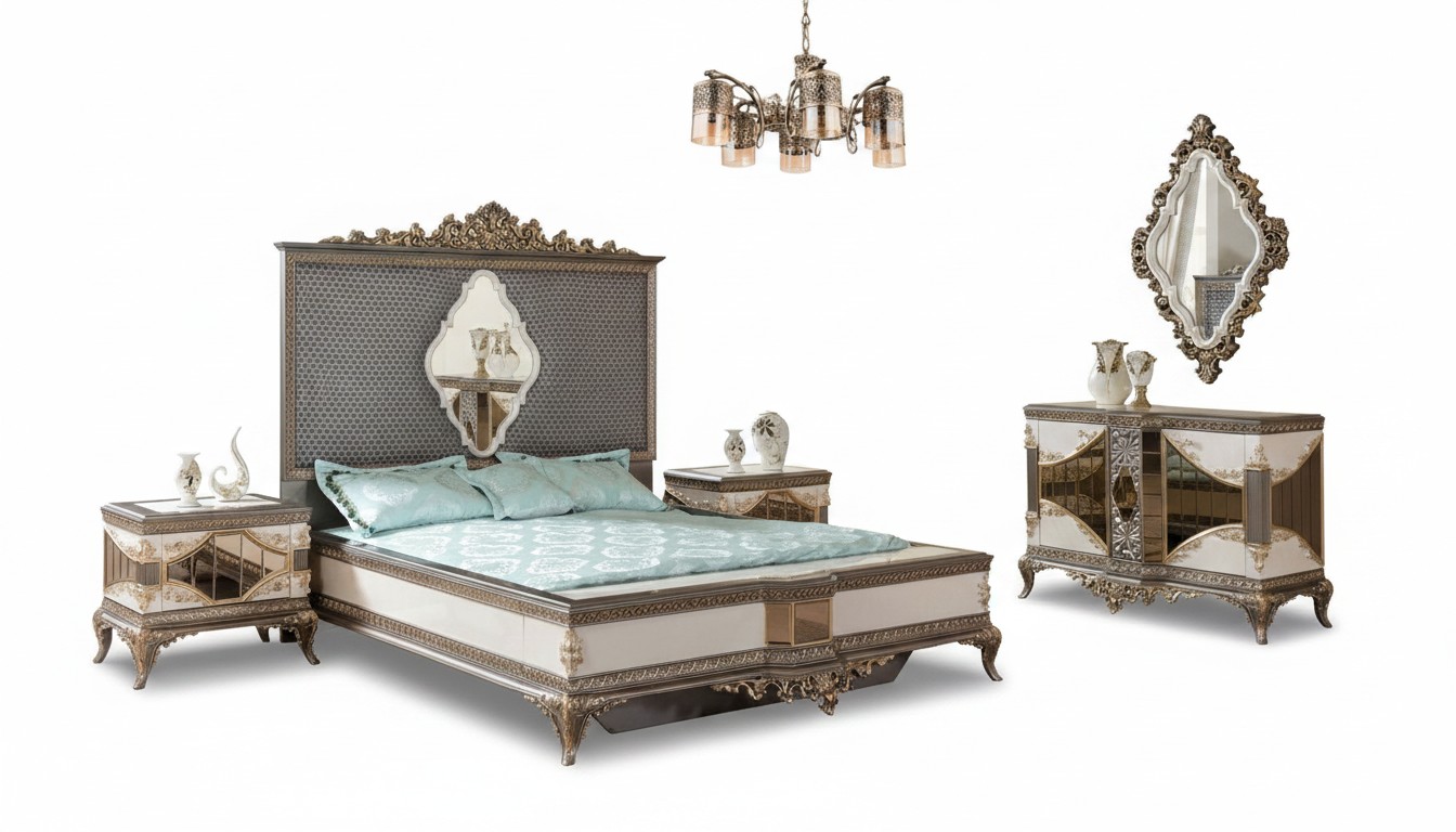 Klassieke slaapkamerset Hoge kwaliteit set Tweepersoonsbed Commode Bank