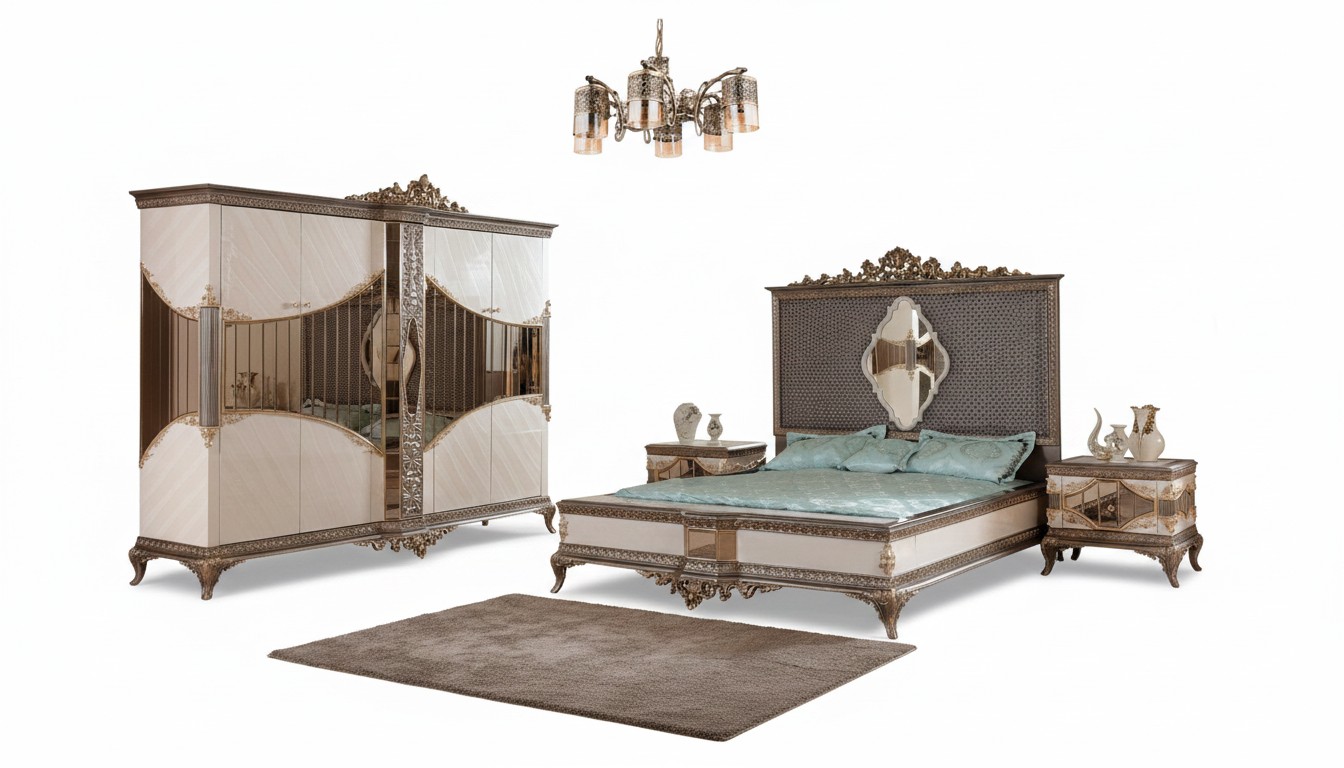 Wit-gouden slaapkamerset tweepersoonsbed 2x nachtkastjes kast set bed