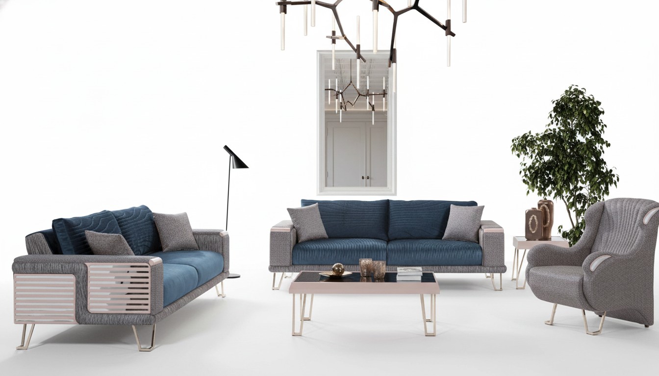 Bankstel 3+3+1 zits + salontafel Modern Textiel Compleet Blauw Nieuw