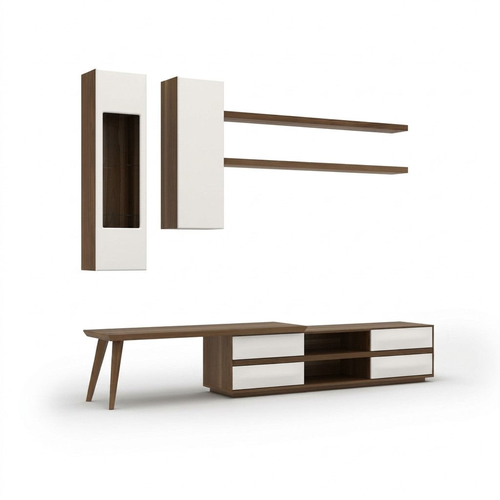 Wandmeubel set 5-delig houten meubilair TV-standaard + salontafel Modern 2x wandplanken