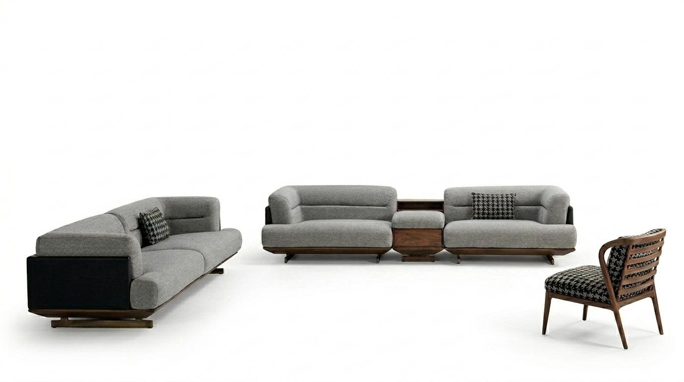 Luxe woonkamerset Grijs bankstel met fauteuil 2x poef Modern design
