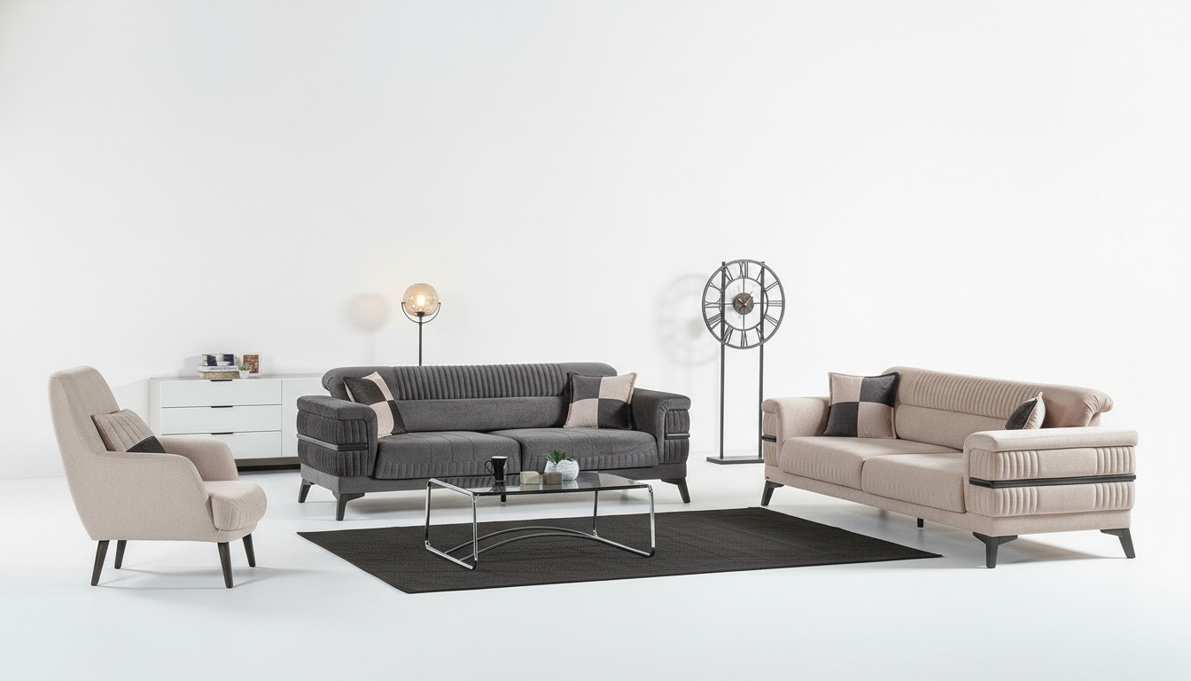 Bankstel 3+3+1 hout luxe woonkamer moderne stoffen nieuw compleet