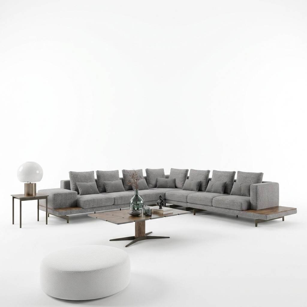 Woonkamerset 3-delig Grijs Hoekbank L-vorm Hout Salontafel Designer Bijzettafel Woonkamerset 3-delig Grijs Hoekbank L-vorm Hout Salontafel Designer Bijzettafel