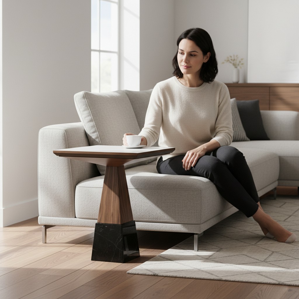 Woonkamer koffietafel bijzettafel houten meubels design inrichting nieuw