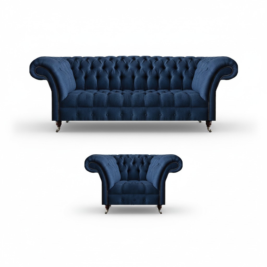 Donkerblauwe woonkamer 3-zitsbank design ligstoel Elegant 2-delig set.